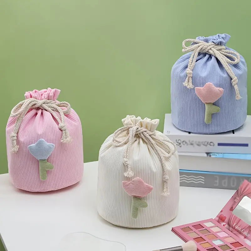 Corduroy Drawstring Barrel Makeup Bag for Travel