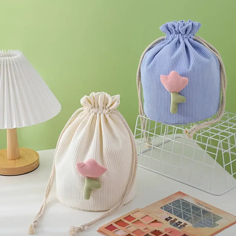 Corduroy Drawstring Barrel Makeup Bag for Travel