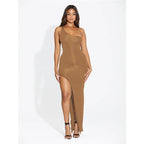 Black/Wine One-Shoulder Slit Maxi Dress
