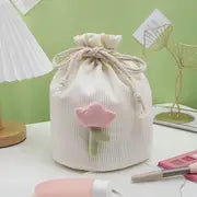 Corduroy Drawstring Barrel Makeup Bag for Travel