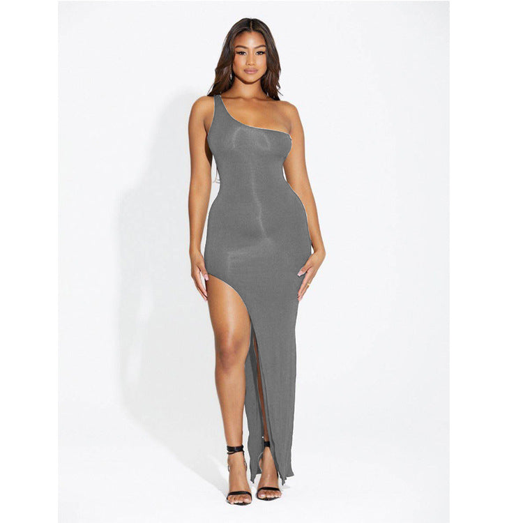 Black/Wine One-Shoulder Slit Maxi Dress