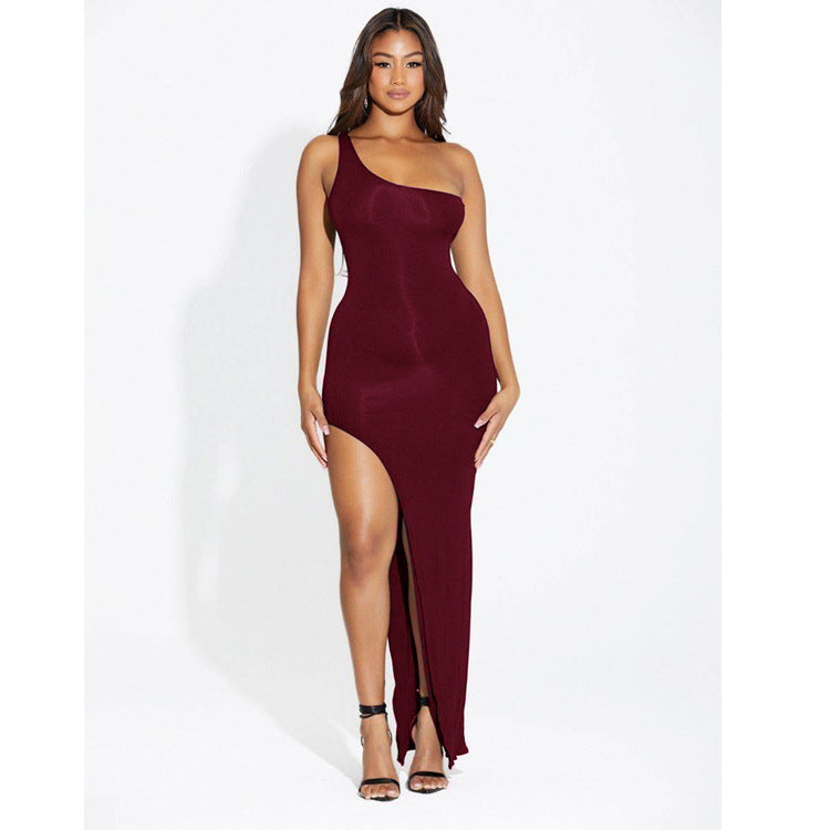 Black/Wine One-Shoulder Slit Maxi Dress