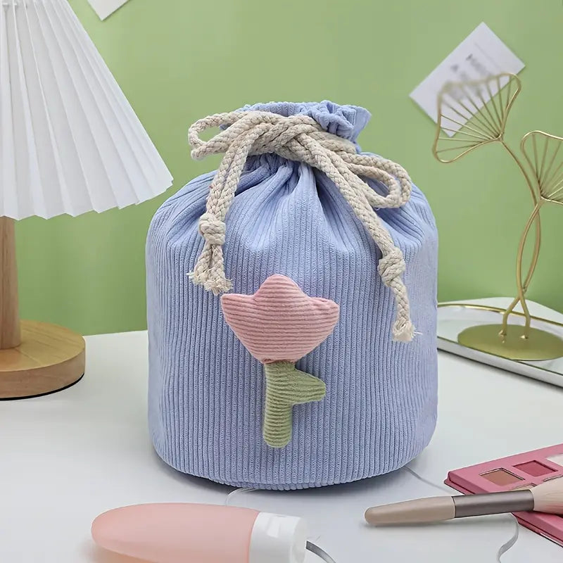 Corduroy Drawstring Barrel Makeup Bag for Travel