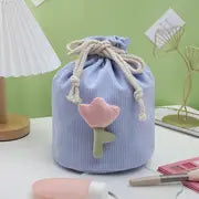 Corduroy Drawstring Barrel Makeup Bag for Travel
