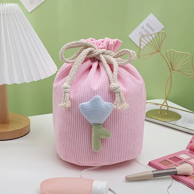 Corduroy Drawstring Barrel Makeup Bag for Travel