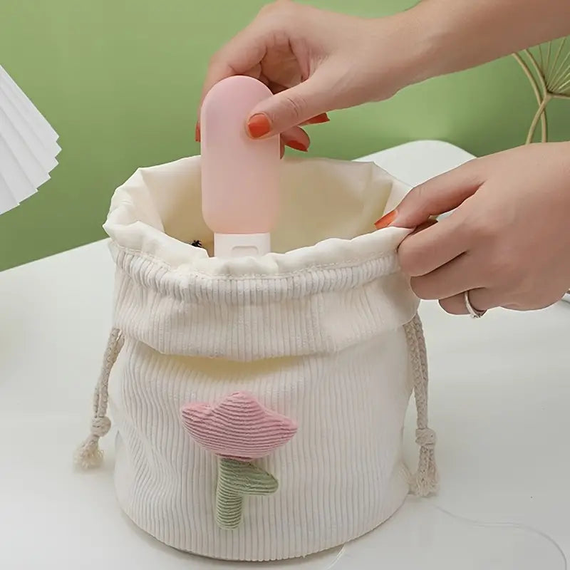 Corduroy Drawstring Barrel Makeup Bag for Travel