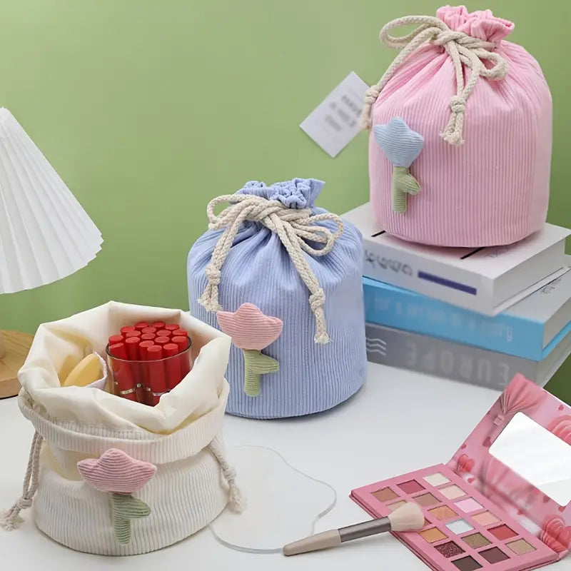 Corduroy Drawstring Barrel Makeup Bag for Travel