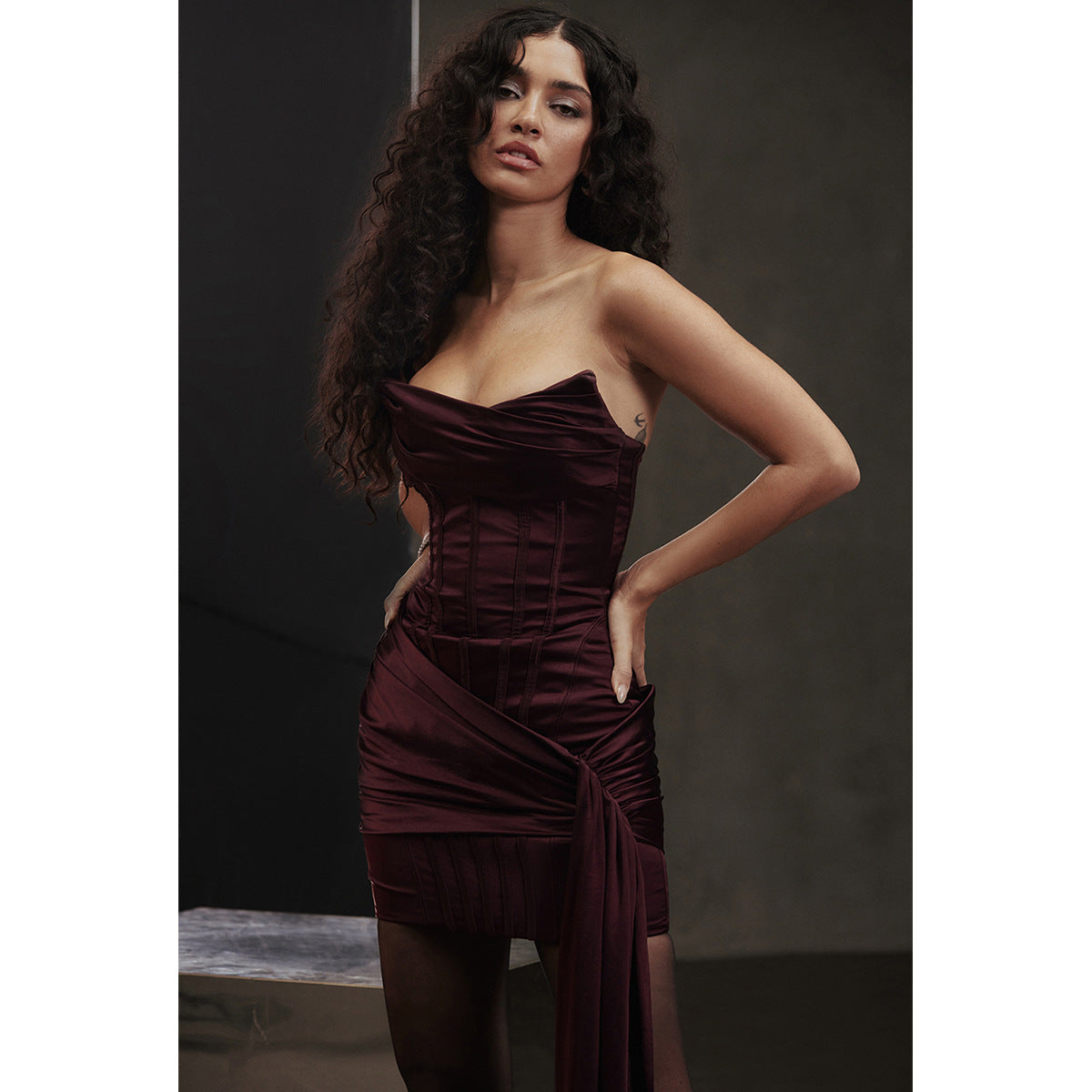 Wine Satin Corset Mini Dress