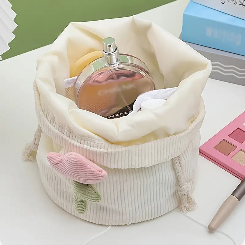 Corduroy Drawstring Barrel Makeup Bag for Travel