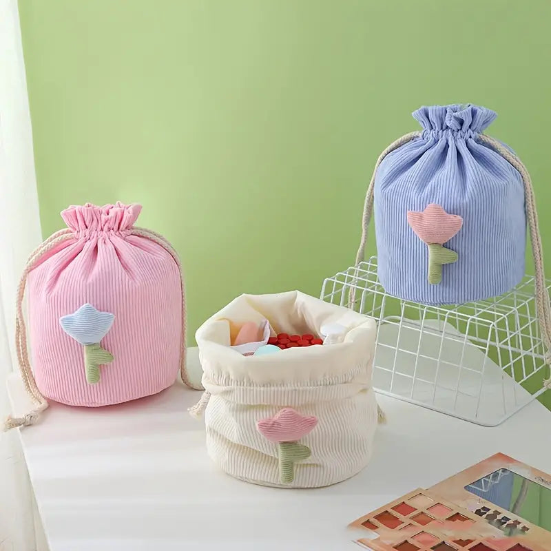 Corduroy Drawstring Barrel Makeup Bag for Travel